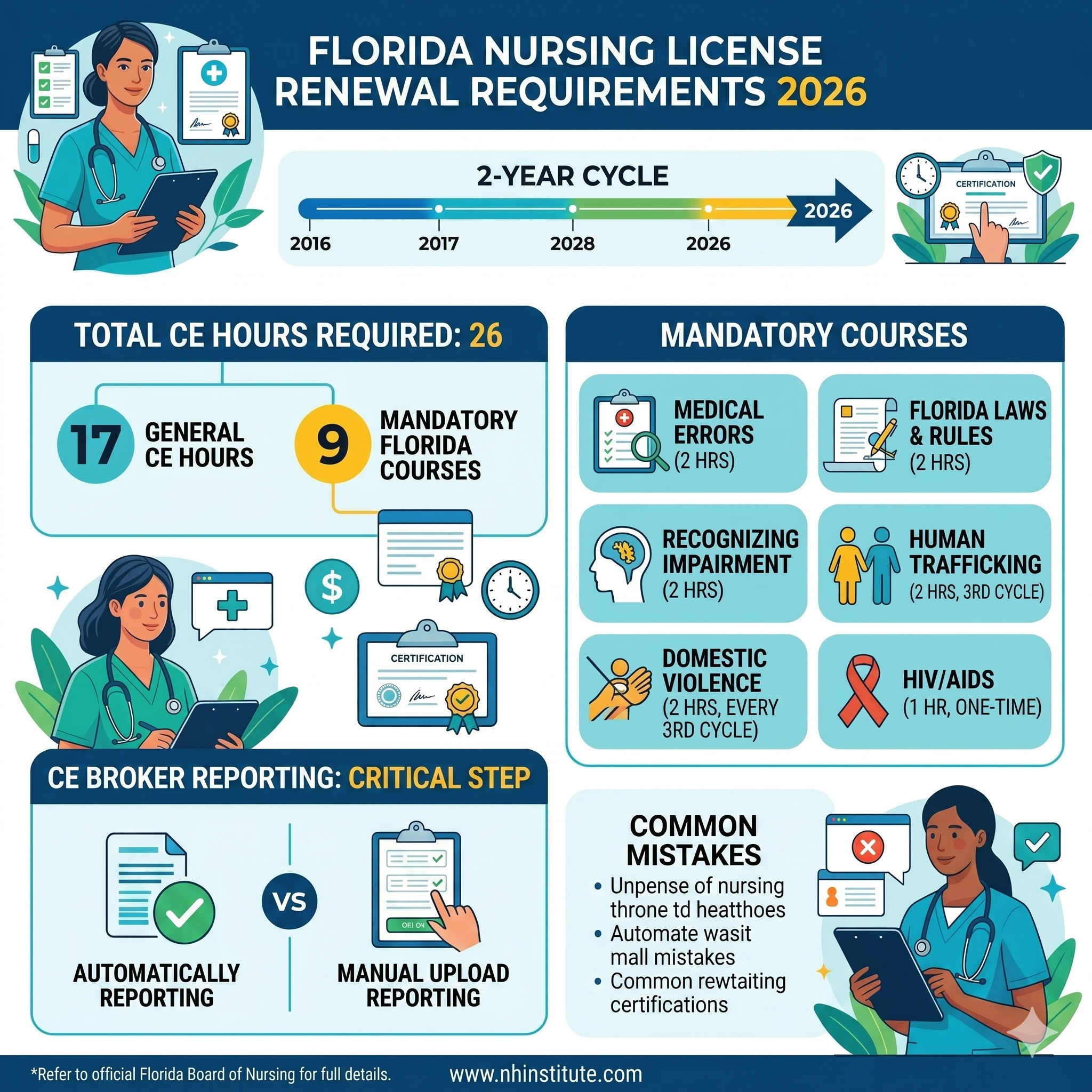 An infographic titled FLORIDA NURSING LICENSE RENEWAL GUIDELINES - 2026 CYCLE featuring a timeline leading to 2026 and four detailed steps with vector illustrations of nurses and medical icons. Step 1 specifies TOTAL CE HOURS REQUIRED: 26, broken down into 17 GENERAL CE HOURS and 9 MANDATORY FLORIDA COURSES. Step 2 lists six MANDATORY COURSES with their respective hours: Medical Errors (2 hrs), Florida Laws & Rules (2 hrs), Recognizing Impairment (2 hrs), Human Trafficking (2 hrs, every 3rd cycle), Domestic Violence (2 hrs, every 3rd cycle), and HIV/AIDS (1 hr, one-time). Step 3 provides REPORTING & LOGGING - KEY TIPS including verifying license details, reporting to CE Broker, and NHI's automatic reporting with CE packages. Step 4 advises to AVOID COMMON TRAPS like waiting until the last minute, ensuring correct uploads, and meeting all mandatory topics. The infographic includes the NHI National Healthcare Institute logo and website URL at www.nhinstitute.com. A small disclaimer is at the bottom.