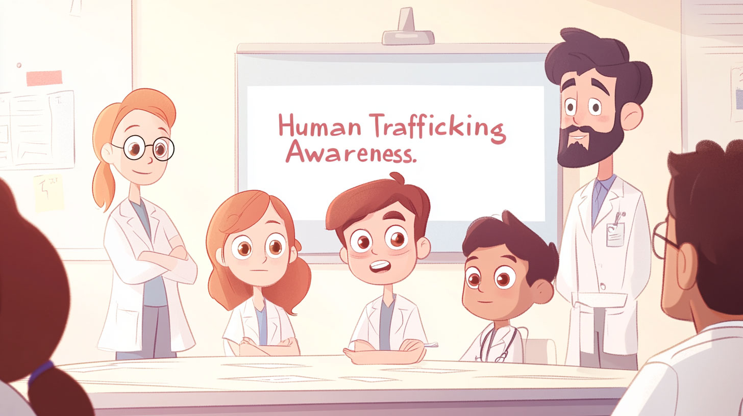 group of diverse healthcare professionals gathered in a training room. A presentation screen displays the words Human Trafficking Awareness with the team actively engaging, taking notes, and discussing. The mood is collaborative and focused