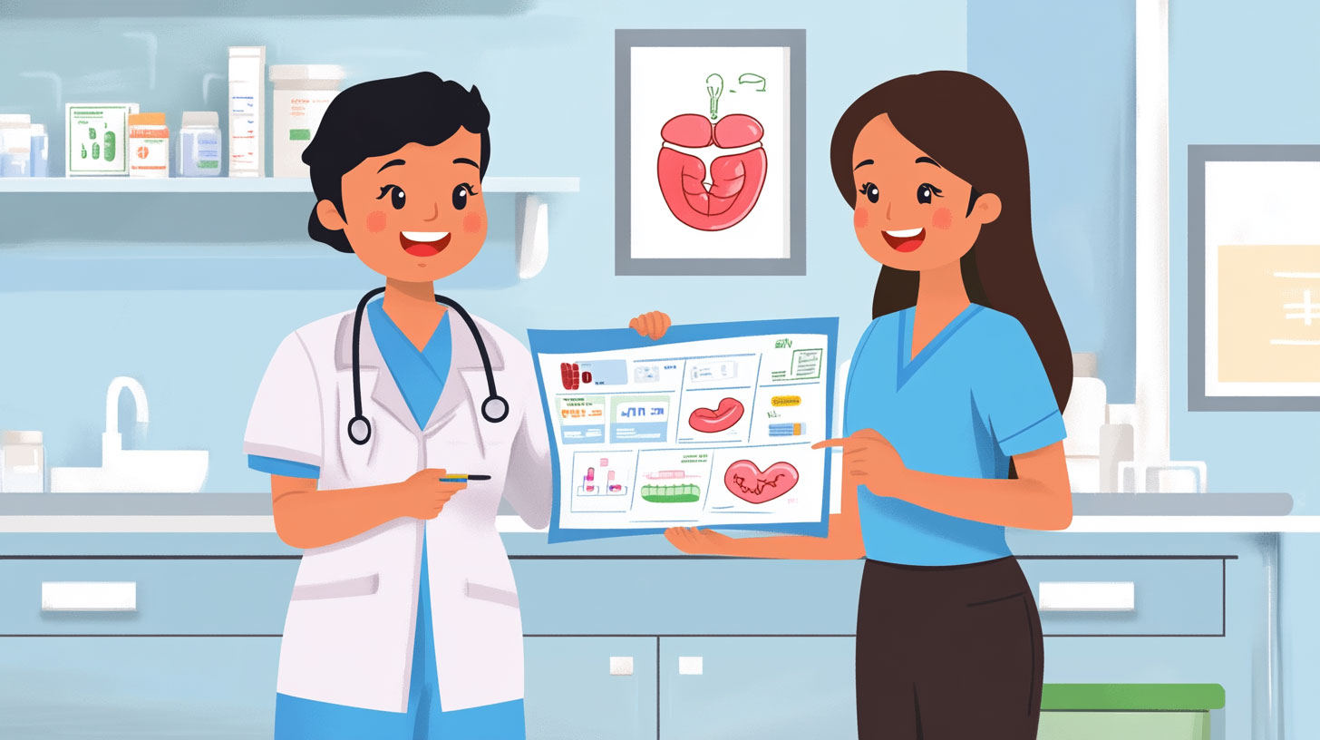nurse educating a patient about peptic ulcer disease, showing a medical chart with stomach anatomy and common treatments like antacids, PPIs, and antibiotics.
