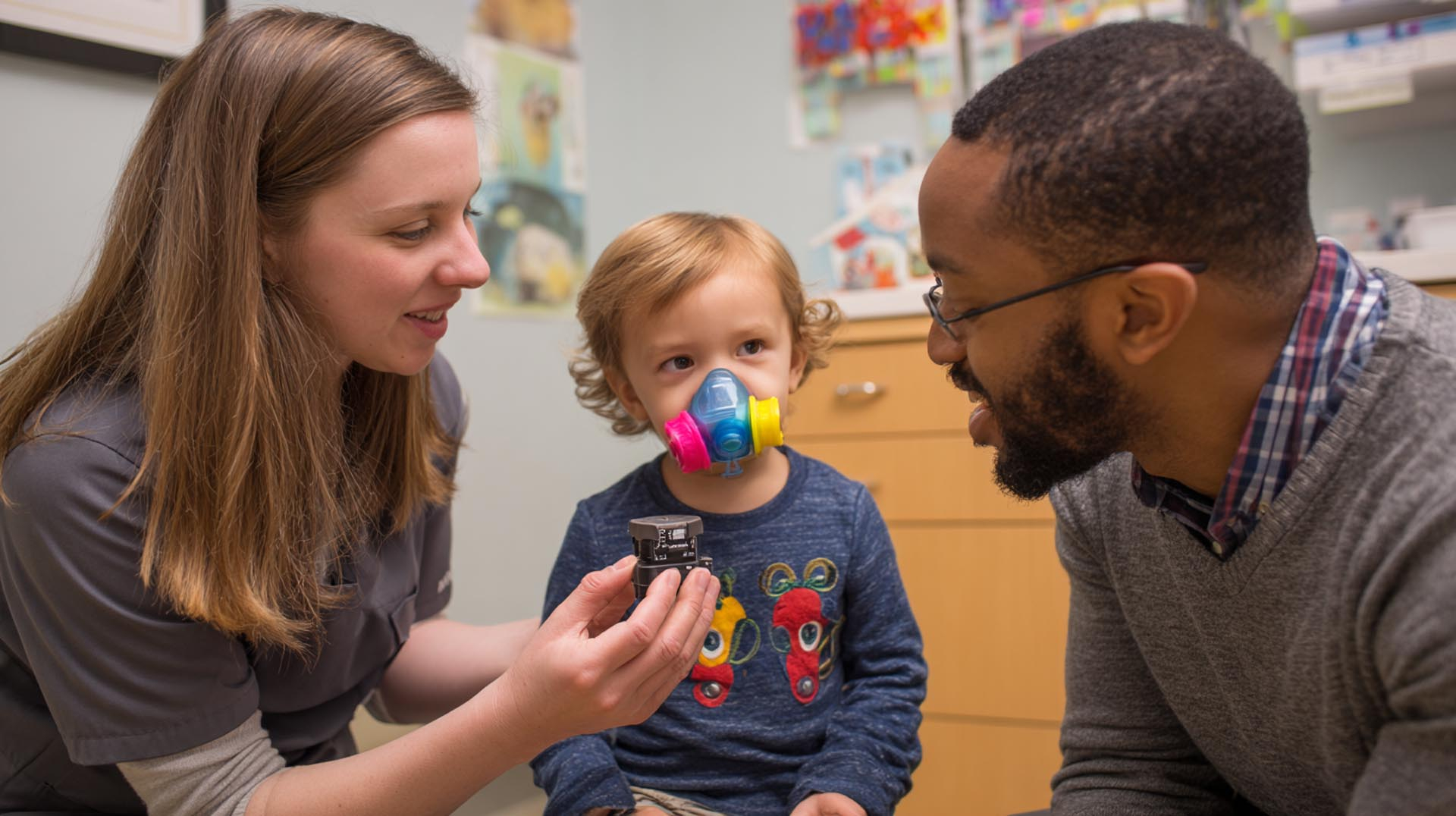 A nurse teaches a child and parent the correct inhaler and spacer technique, a key patient education skill from this asthma management CE Nursing course.