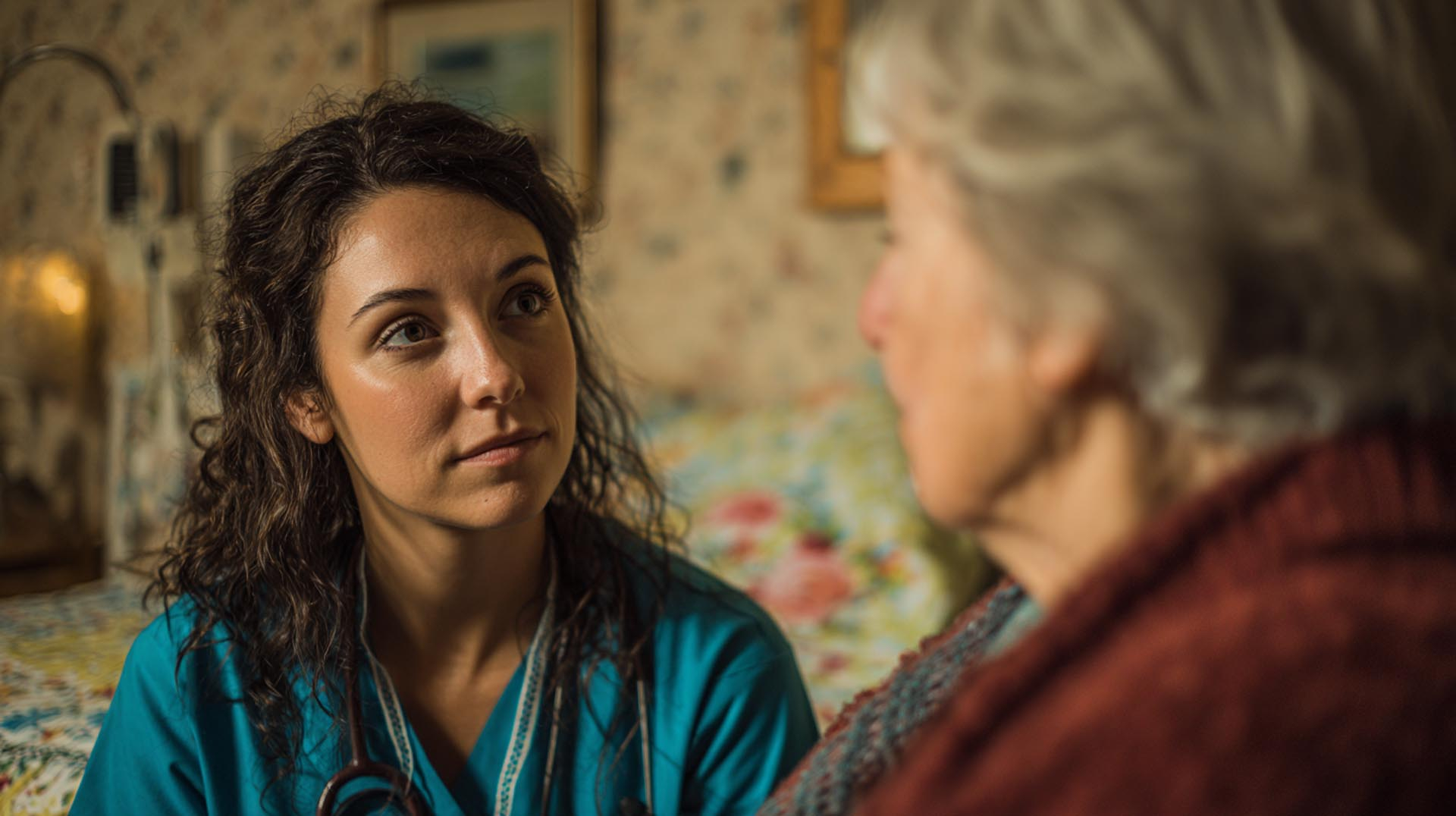 A nurse listens carefully to a family member's concerns, a collaborative assessment technique from this long-term care CE Nursing course.