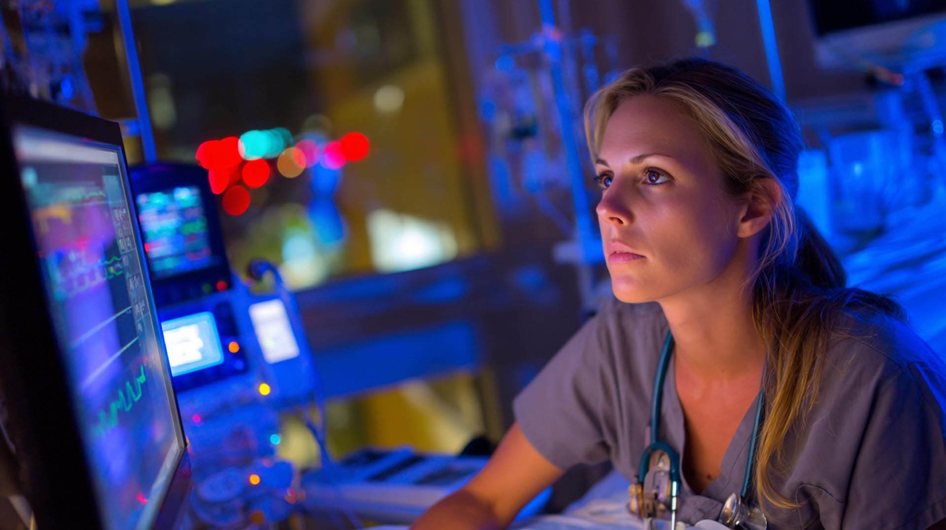 Highlighting post-crisis care from the malignant hyperthermia CE Nursing course, a nurse vigilantly monitors a recovering patient's vital signs and equipment in the ICU